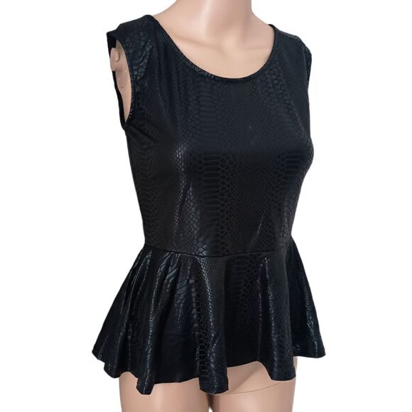 Vintage 90s Faux Leather Peplum Top S  Sexy Animal Print Embossed Wet Look Zips. - Picture 3 of 15